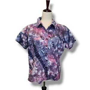Vintage Western Women's Shirt Size Large Tie Dye Short Sleeve Button Collared